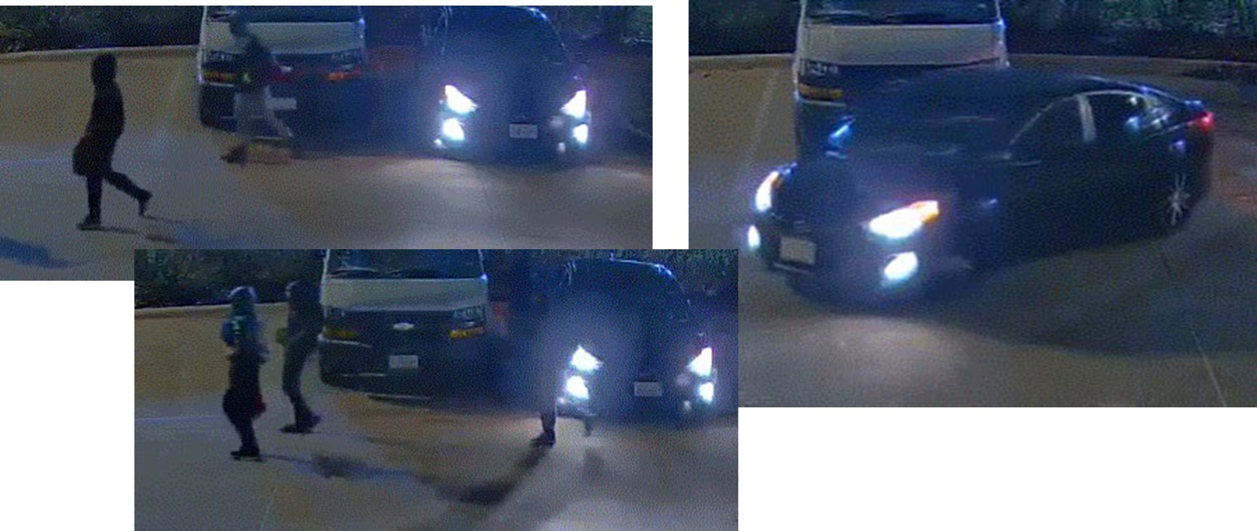 Three examples of suspects and suspects' vehicle with unknown license plate.