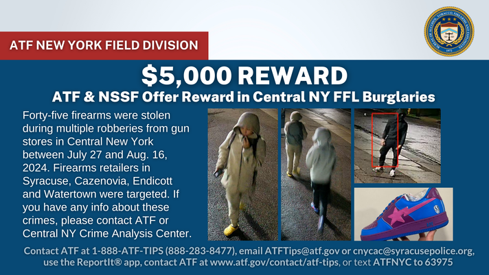 ATF, NSSF Offers Up to $5,000 Reward for Information on the Central NY FFL Burglaries