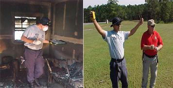 ATF Special Agents participating in explosives and arson training exercises in a field and a garage