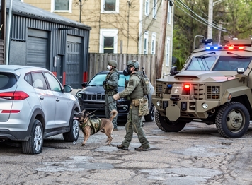 SRT members search a crime scene with a K-9